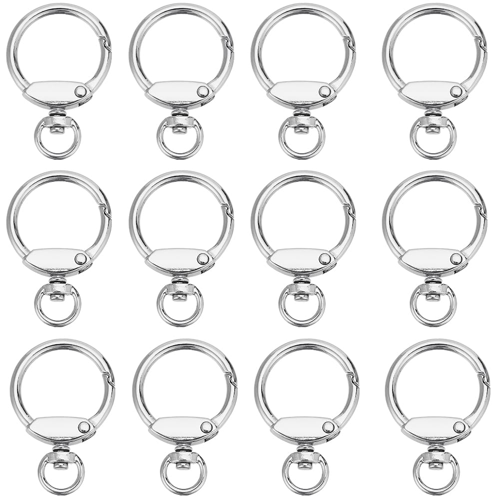 SUNNYCLUE 1 Box 12Pcs Round Spring Snap Hook Swivel Carabiner Clips Silver Metal Alloy Eyelet Zinc O Rings Snaps Hooks Trigger Clasp Buckle for Making DIY Bags Belts Keychain Purses Crafts Accessories