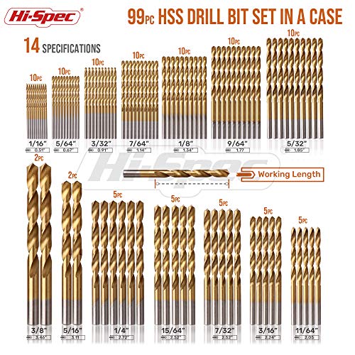 HiSpec 99 Piece SAE Multi Drill Bit Set. 14 Sizes from 1/16in to 3/8in