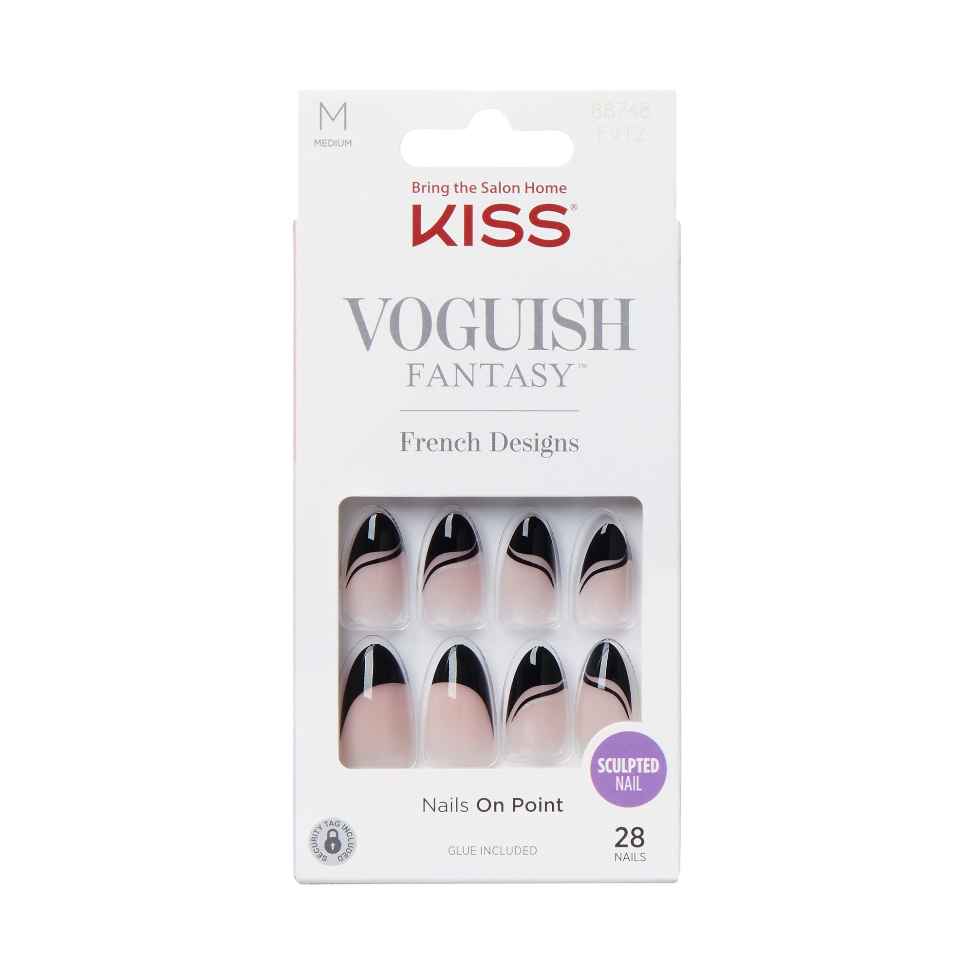 KISS Voguish Fantasy Fake Nails – Magnifique, Fashion Acrylic Nails, Medium, Almond Shaped, Glossy, Dark Black, Ready To Wear, No Damage/No Dry Time, Waterproof, Smudge Proof | 28 Count