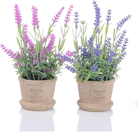 Amazon Marjon 花 ラベンダー 造花 ポット 2パック フェイク鉢植え 装飾的なフェイクラベンダーの花 家の装飾用 ピンクとパープル 造花 オンライン通販