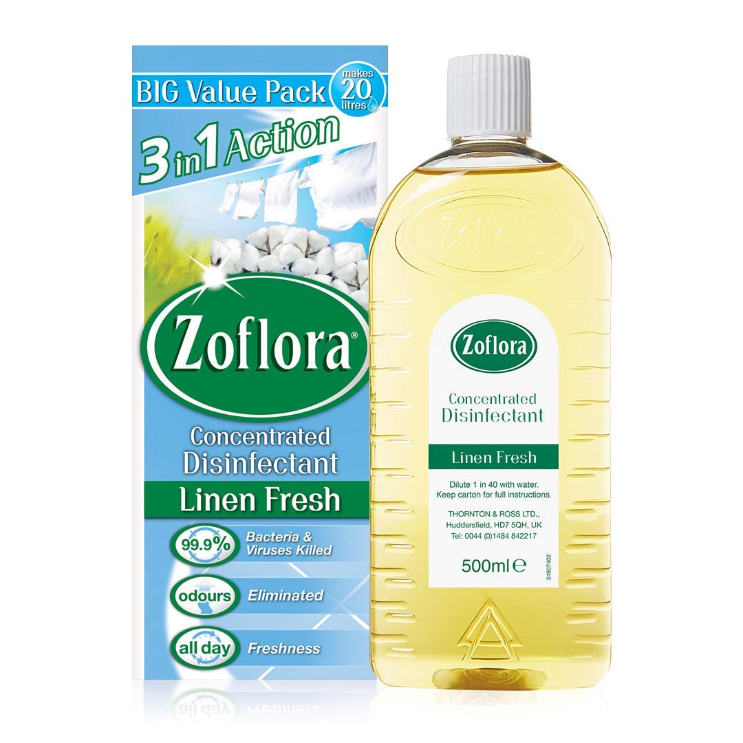 Zoflora Antibacterial Disinfectant Multi-Purpose Concentrated, Multi Surface Cleaning Solution 2 x 500ml Bottles - Linen Fresh Fragrance