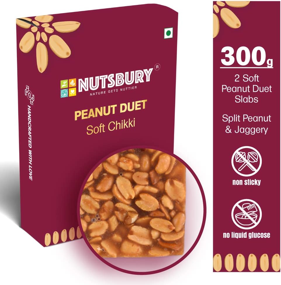 Nutsbury Peanut Duet Sweet & Soft Natural Handmade Jaggery Chikki (300g)