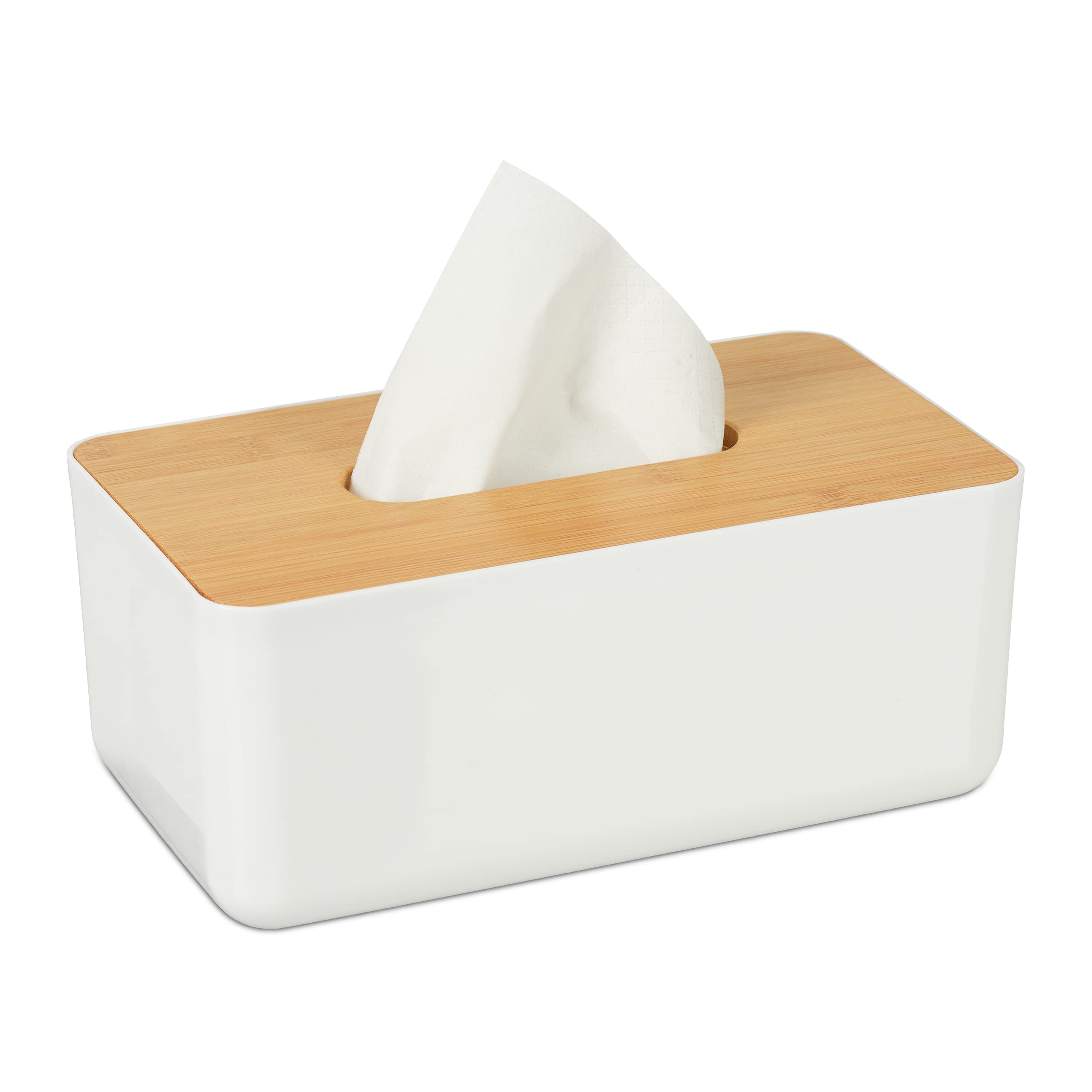 Relaxdays Tissue Box Cover with Bamboo Top, Baby Wipe Dispenser, Kitchen Napkin Holder, Bathroom, 10 x 23 x 13 cm, White