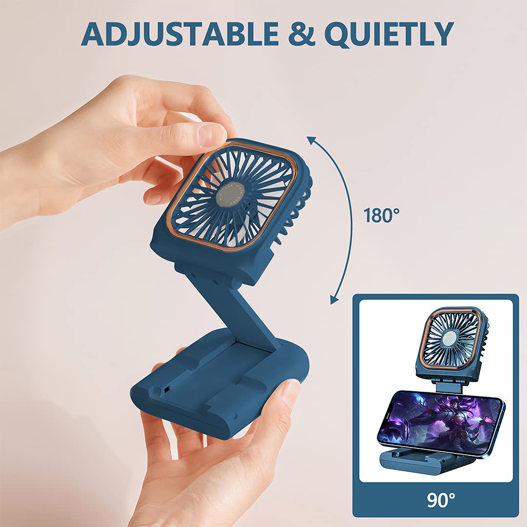 Portable Handheld Personal Necklace Fan Foldable Mini Quiet USB Rechargeable Fan With Mobile phone bracket function, 3000mAh Power Bank Hands Free Necklace Fans (Upgrade Blue)