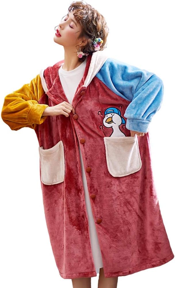 Ladies Pajamas, Autumn and Winter Coral Fleece Thickening Robe, Long Hooded Loose Bathrobes, Cute Duck Pattern Home Service Sexy Bathrobe (Size : M)