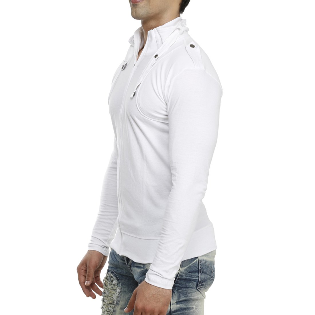 tees collection men's full zip buckle neck full sleeve white colour t-shirt