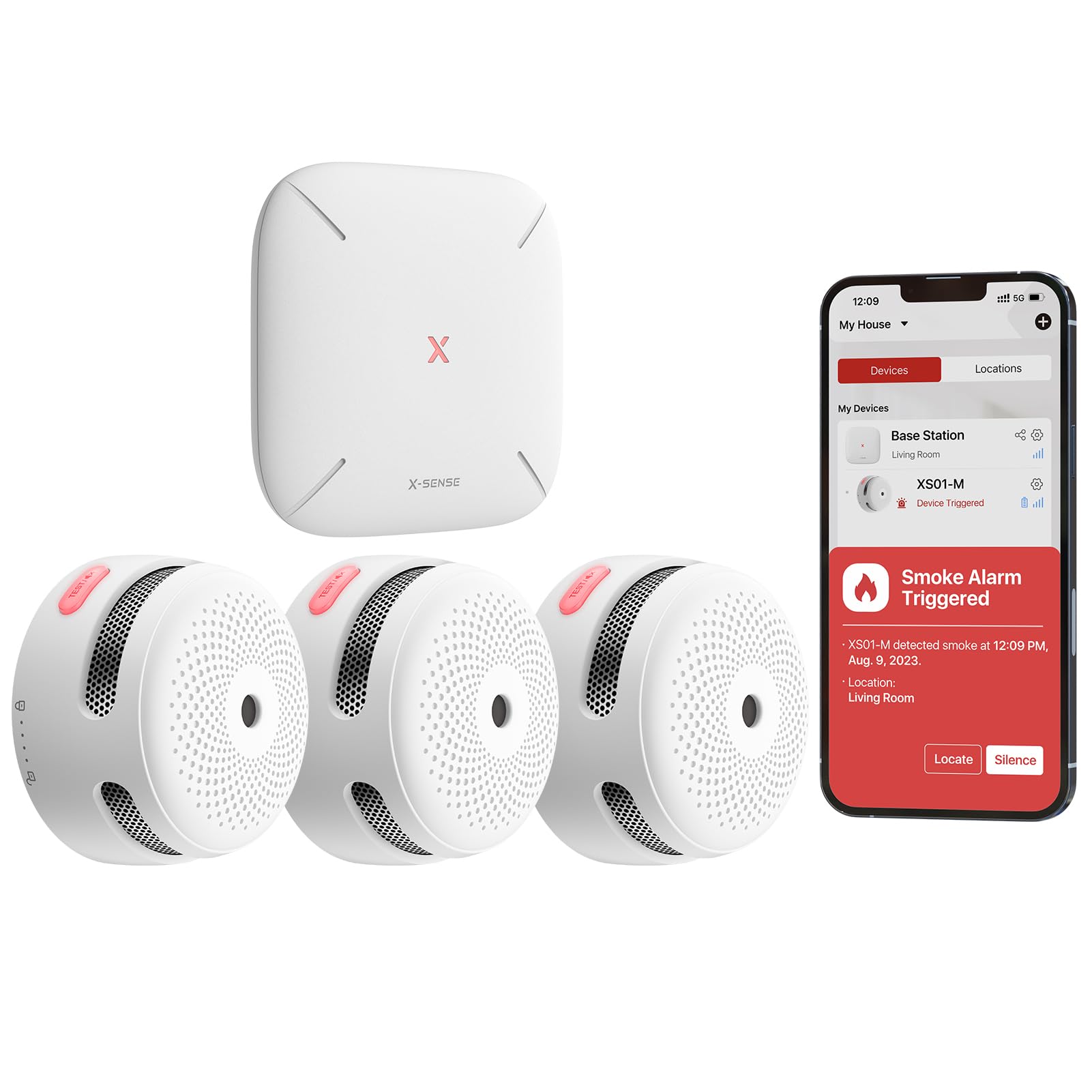 X-Sense Smart Smoke Detector with SBS50 Base Station, Wi-Fi Smoke Alarm Compatible with X-Sense Home Security App, Wireless Interconnected Mini Fire Alarm, Model FS31