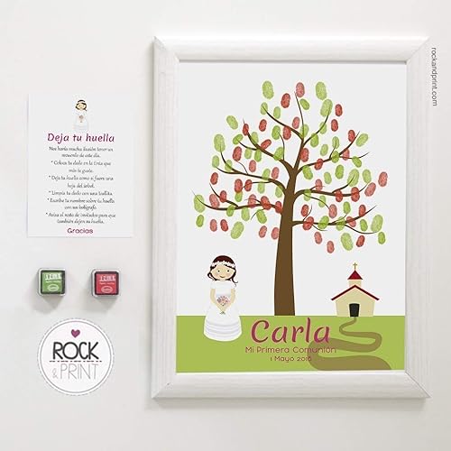 Arbol Huellas Nina Iglesia Comunion Personaliza Vestido Pelo Y Ojos Incluye Marco Y Tintas A Elegir