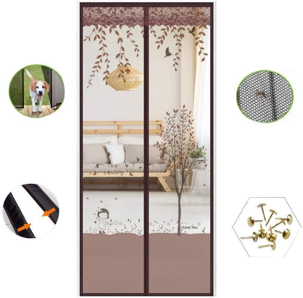 GOVD Magnetic Screen Door, Magic Mesh Screen with Full Frame Velcro No Bugs for Keep Bugs Fly Out, Brown 56x92in/140x230CM