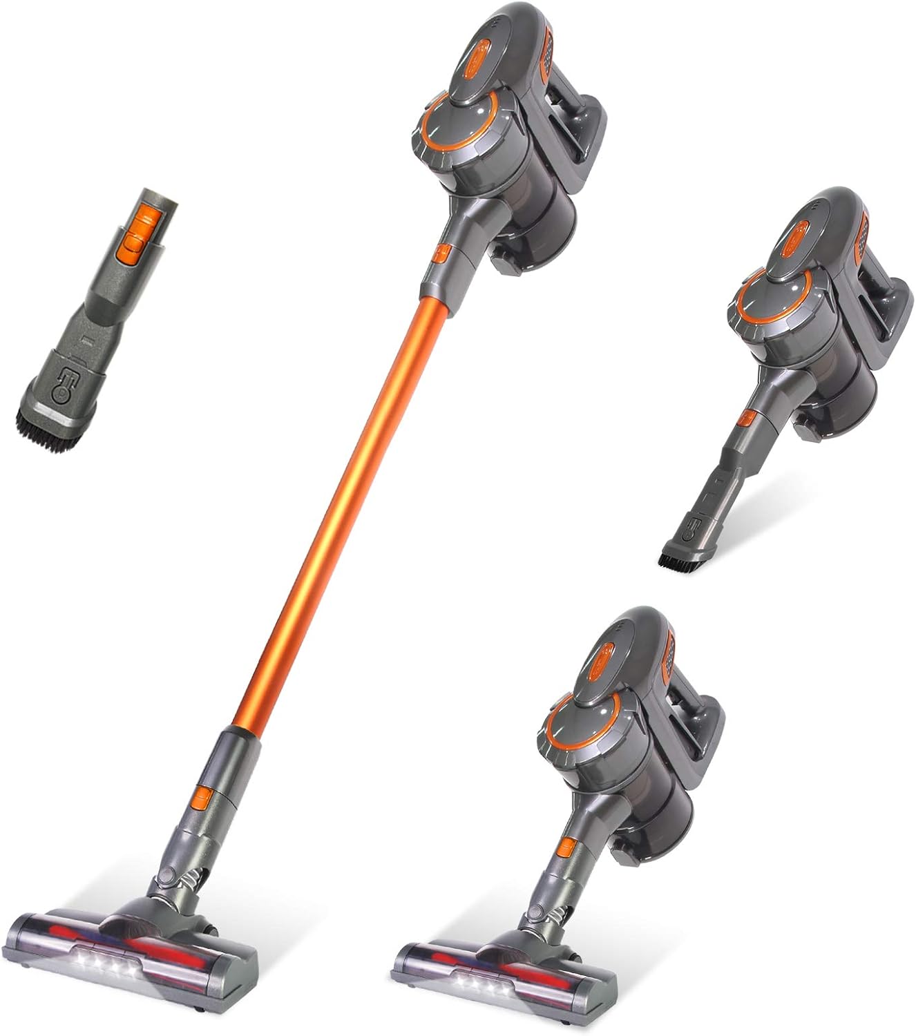Cordless Vacuum, Lightweight Stick Vacuum Cleaner, 200W Brushless Motor Powerful Suction Ultra-Quiet Handheld Vacuum w/Upgraded LED Floor Head /2 in 1 Brush for Floor Carpet Pet Hair Car, ERGO(Orange) -