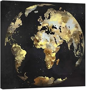 sechars Modern Black and Gold Wall Art Abstract World Globe Painting Prints on Canvas Modern Office Home Living Room Wall Decor Framed Artwork Ready to Hang