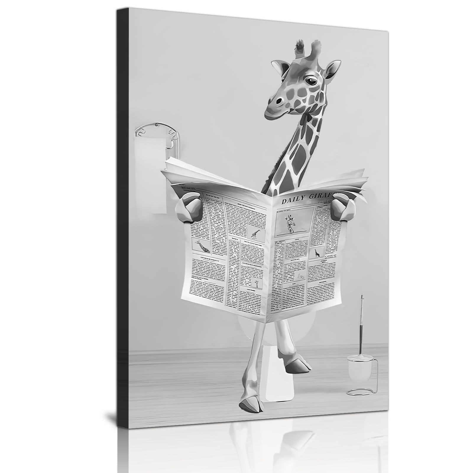 Cute Newspaper Animal Wall Art Black and White Canvas Printed Cabin Bathroom Decoration Bath Wall Picture Frameless (Giraffe, 1 Piece - 50 x 70 cm)