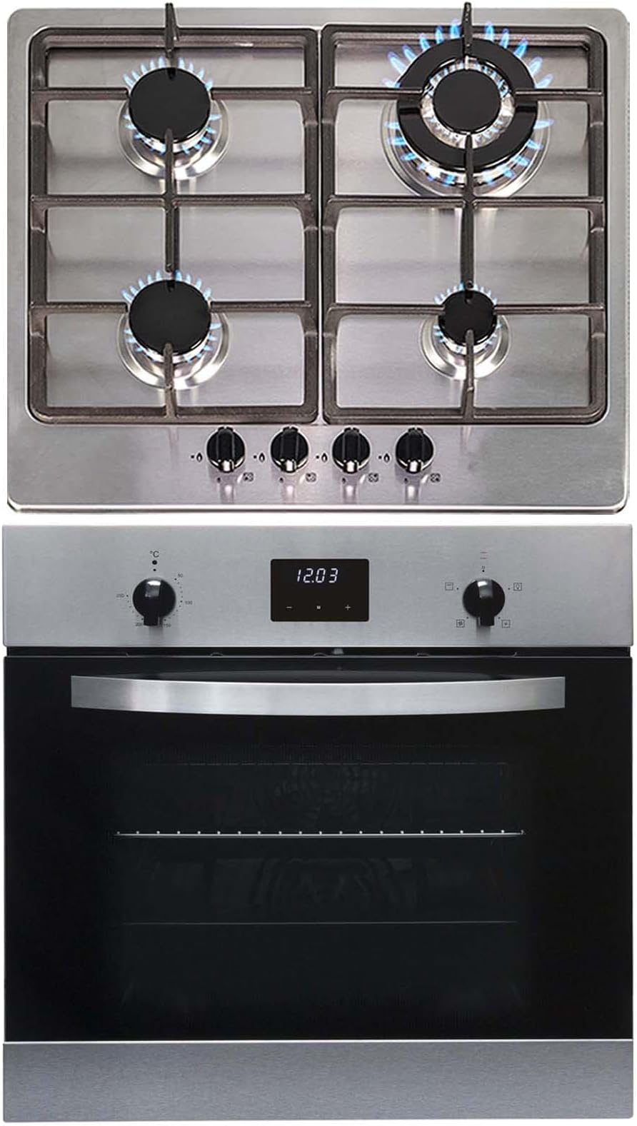 SIA 60cm Stainless Steel Digital Single Electric Oven And 4 Burner Gas Hob