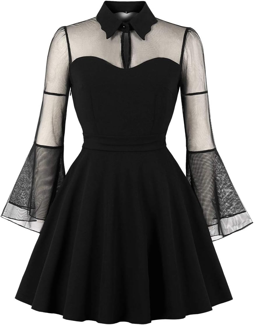 WellwitsWomen's Keyhole Mesh Bell Long Sleeves Gothic Cocktail Vintage Dress