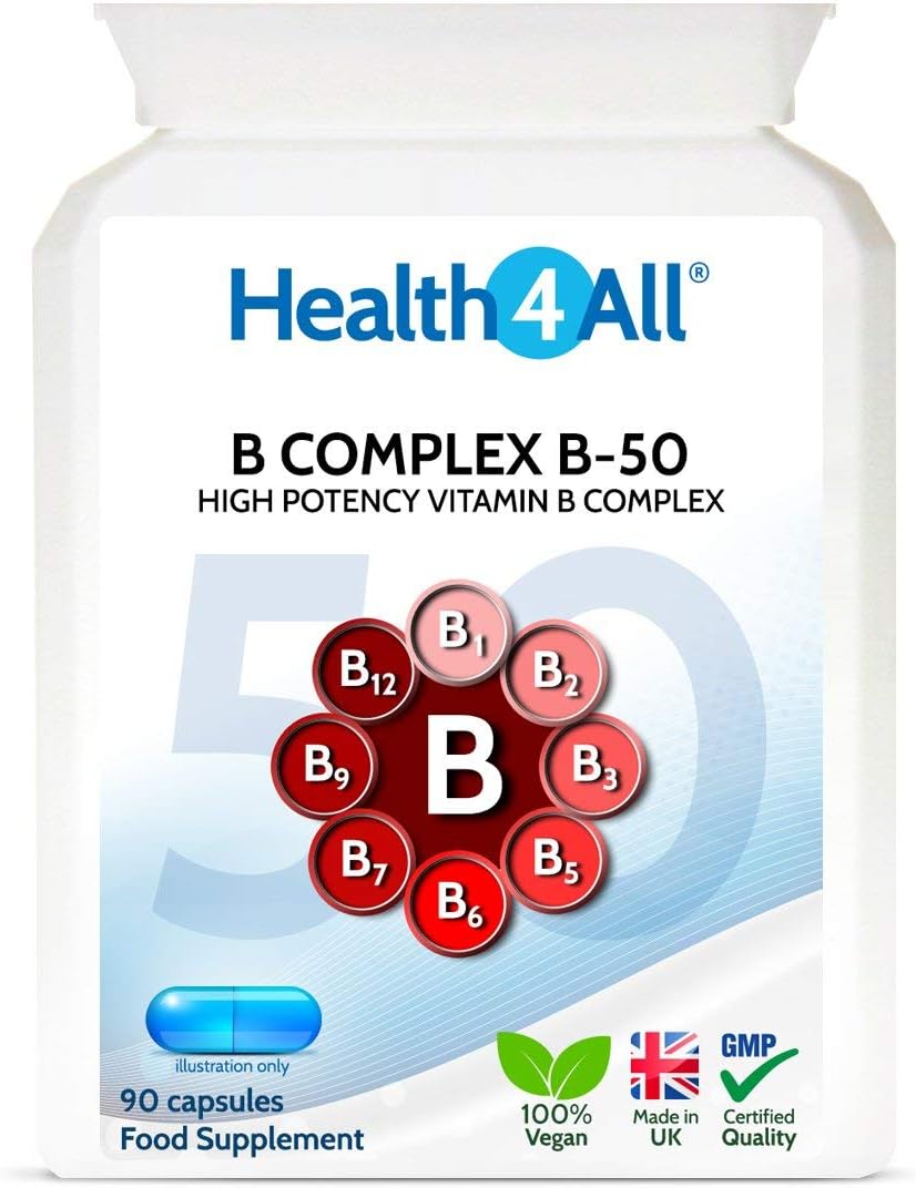 Health4All Vitamin B Complex B-50 90 Capsules, 3 Months Supply, High Potency Vegan B-Complex with PABA, 90 count (Pack of 1)