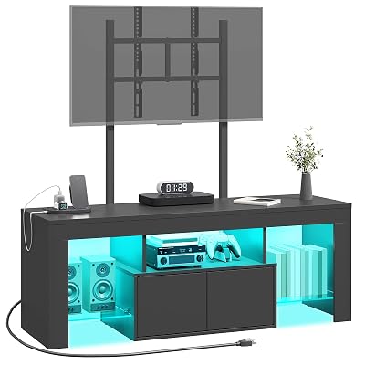 YATINEY TV Stand with Mount and Power Outlet, Entertainment Center with LED Lights for 45/55/60/65 inch TVs, TV Console Table with Storage Cabinet, for Living Room, Bedroom, Black DS21UDBB