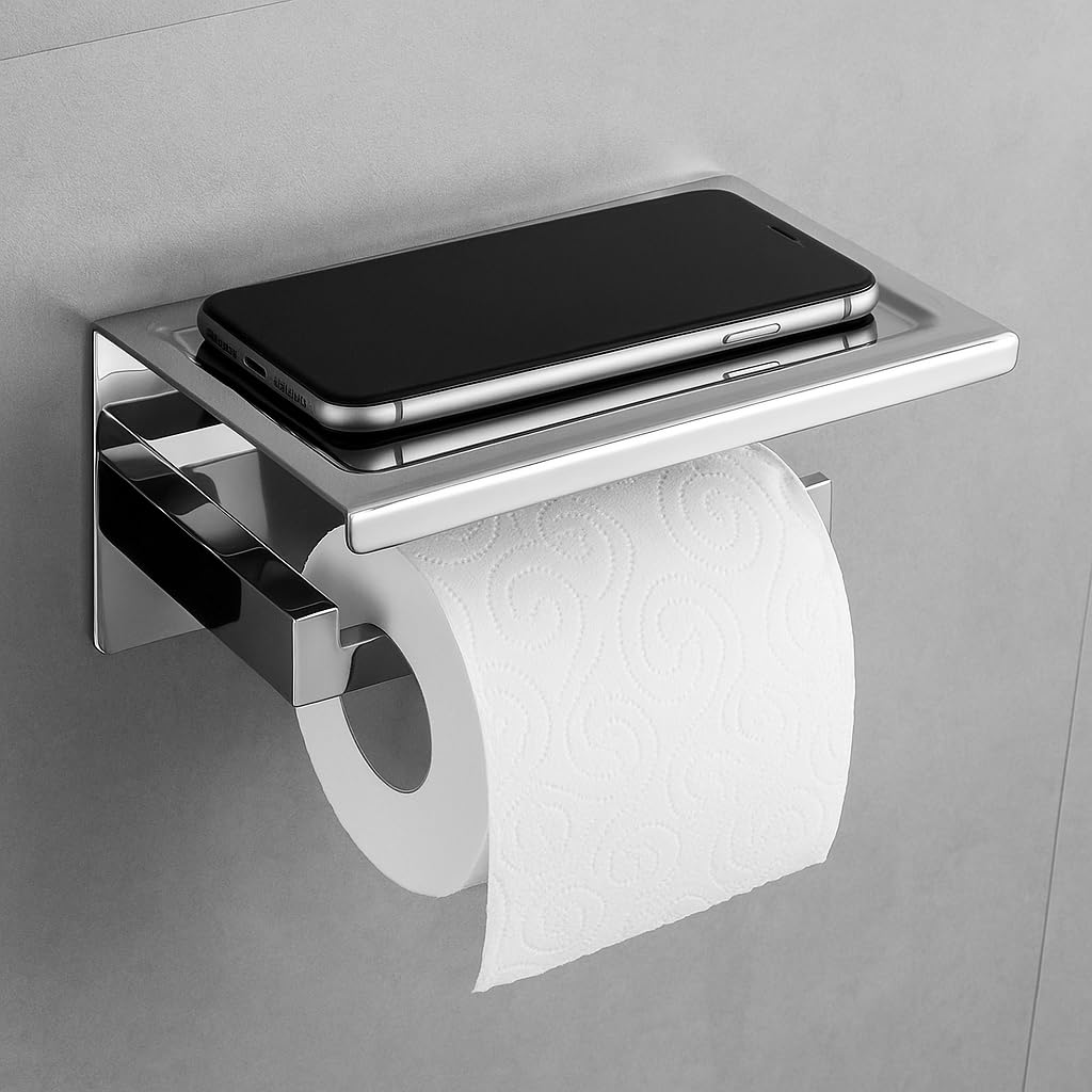 Manissa Toilet Roll Holder with Mobile Phone Shelf Wall Mounted Bathroom Accessory Made from 304 Grade Stainless Steel (Mirror Polished Stainless Steel)