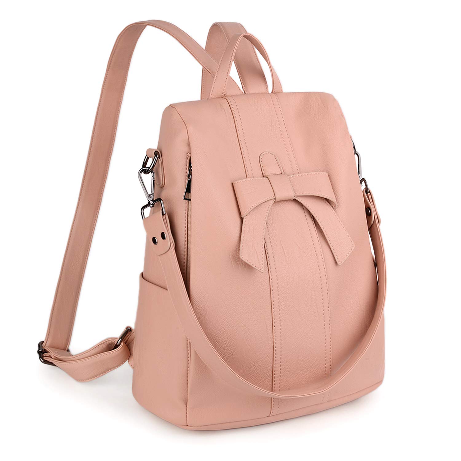 UTO Anti Theft Backpack for Women Mother Mum Bowknot Ladies Laptop Rucksack Bag Travel Shoulder Handbag Vegan Leather Light Pink