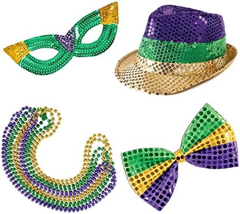Mardi Gras Party Set. Includes Sequin Mask, Fedora Hat, Masks, Glitz 'N Gleam Bow Tie, Beads, Necklace,