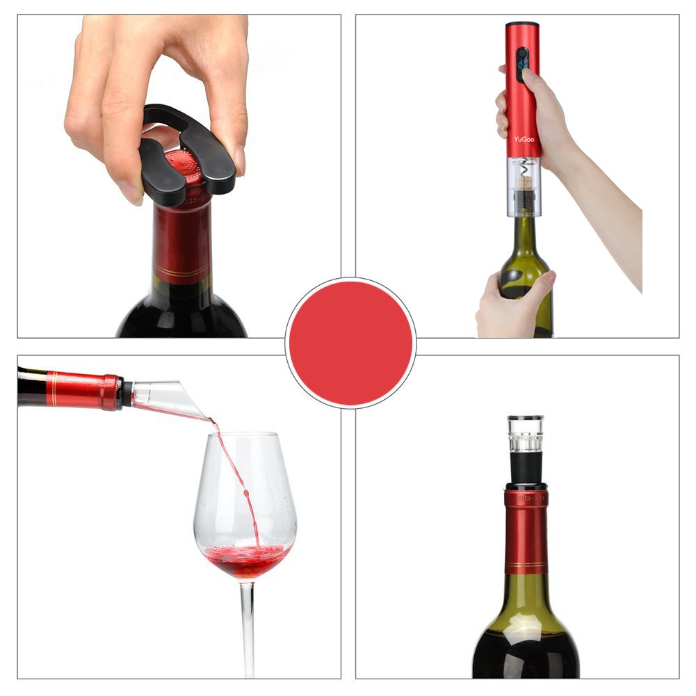 Wine Opener YUGOO Automatic Electric Bottle Opener with Foil Cutter, Vacuum Stopper, Wine Aerator Pourer as Gift Set, - Red