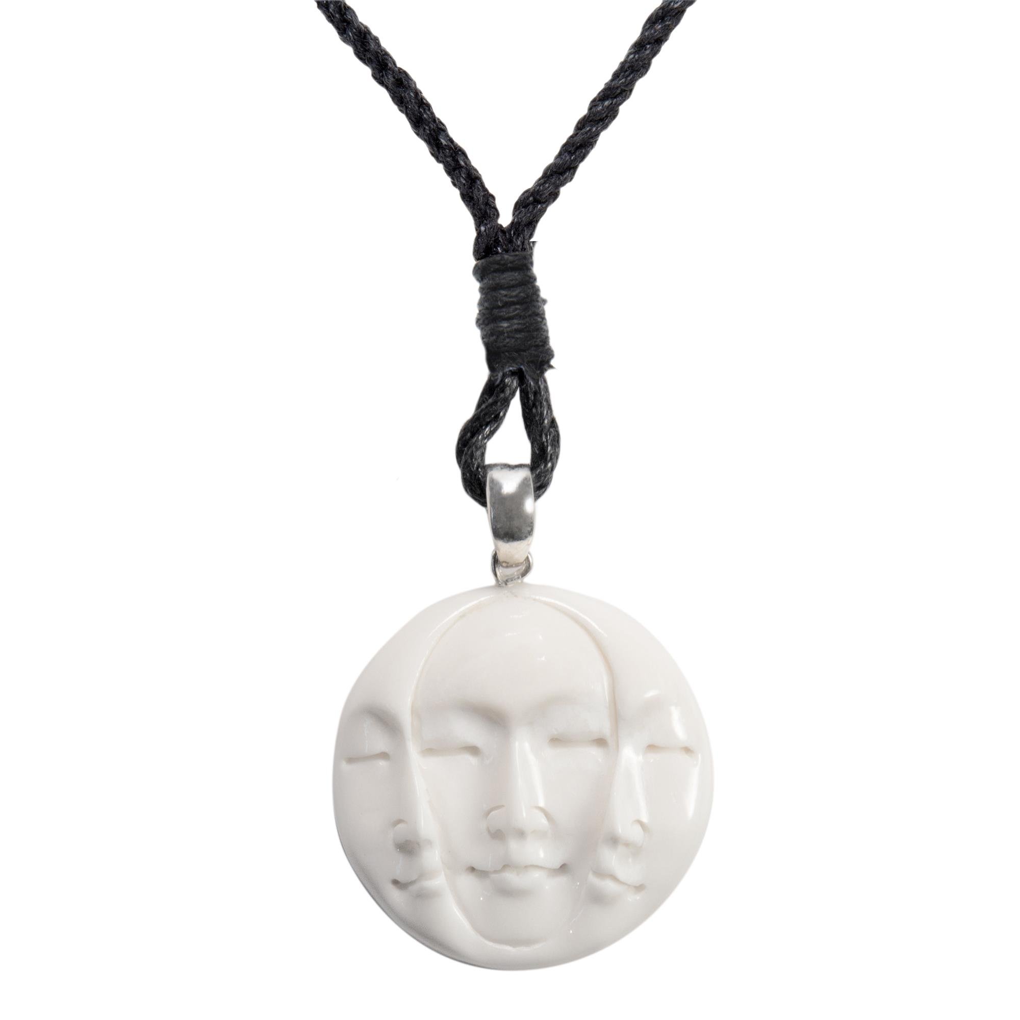 81stgeneration Sterling Silver Hand-Carved Bone Triple Moon Face Amulet Necklace – Full and Crescent Moon Phase Pendant on Cord - Boho Mystical Talisman for Men - Natural Celestial Jewellery for Women