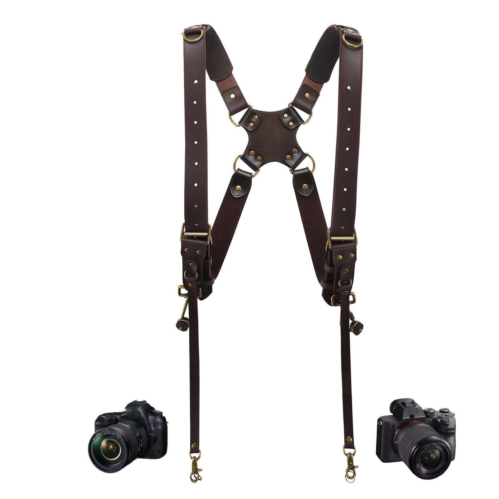 4J LEDR Camera Harness,Leather Dual Shoulder Strap for Photographer,Dual Camera Harness for 2 Cameras Carrying for Men&Women,Multi Camera Gear for DSLR/SLR Strap,Quick Release,Small Size,Brown