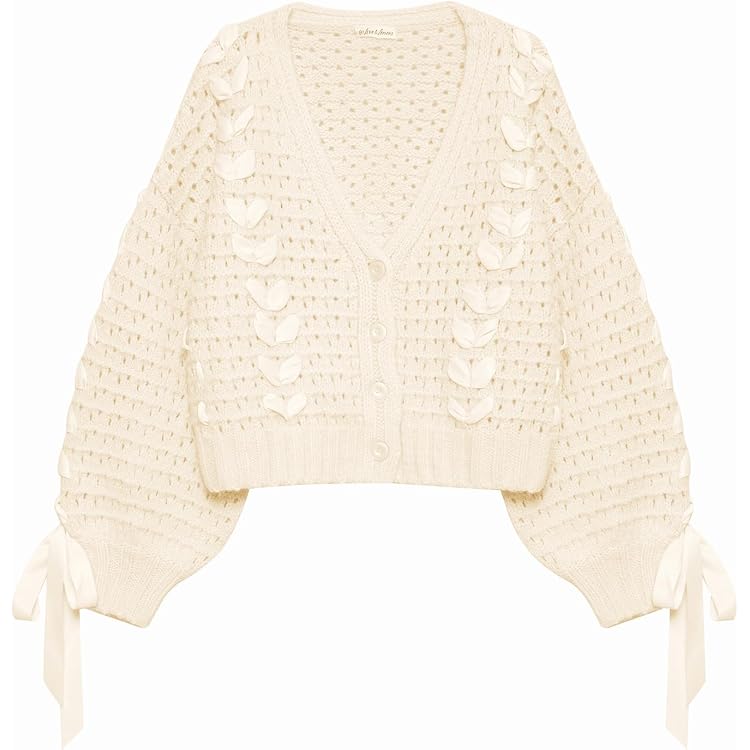 Women's Y2K Crop Cardigan Long Sleeve V-Neck Satin Ribbon