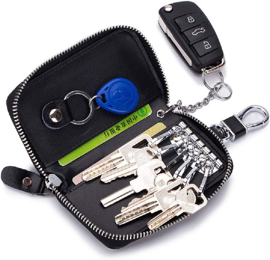 JIUFENG Leather Keys Wallet Car Key Card Holder Multifunctional Zipper Key Case Coin Pouches Keychain Key Ring Unisex (Black) - Image 3