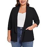 MINTLIMIT Women's Suits & Blazers Plus Size 3/4 Sleeve Open Front Suit Jacket Solid Stretchy Blazer with Pockets(Black,2XL)