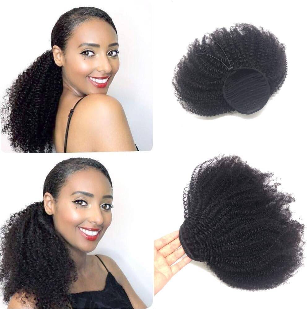 Brazilian Human Hair Afro Kinky Curly 4B/4C Ponytails Clip In Hair Extensions for black women Blonde Natural Clip in Ponytail Hair Pieces (12inch, natural black)