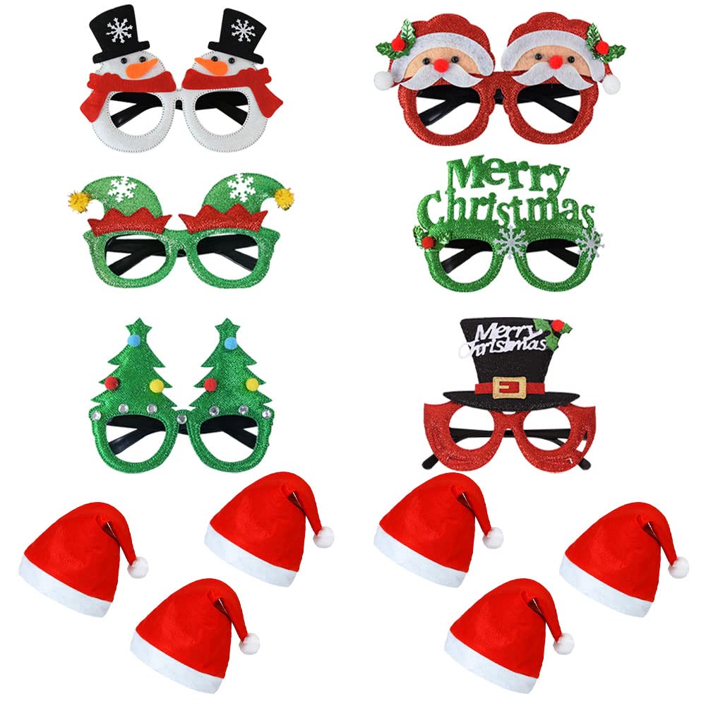 12 Pcs Christmas Glitter Party Glasses hat set, Novelty Xmas Fancy Dress Party Glasses Decoration Frames,Christmas photo props for Kids Adults,for Christmas New Year Festive Holiday Party Supplies