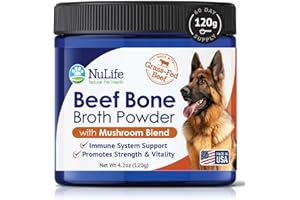 NULIFE NATURAL PET HEALTH Grass-Fed Beef Bone Broth Powder for Dogs - Rich in Protein & Collagen, Enhanced with Mushroom Blend for Strong Bones, Joint Flexibility, Digestive Comfort & Immune Support - Made in USA - 4.2oz