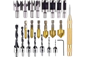 Rocaris 23-Pack Woodworking Chamfer Drilling Tool, 6pcs 1/4" Hex 5 Flute 90 Degree Countersink Drill Bits, 7pcs Three Pointed with L-Wrench, 8PCS Wood Plug Cutter, and Automatic