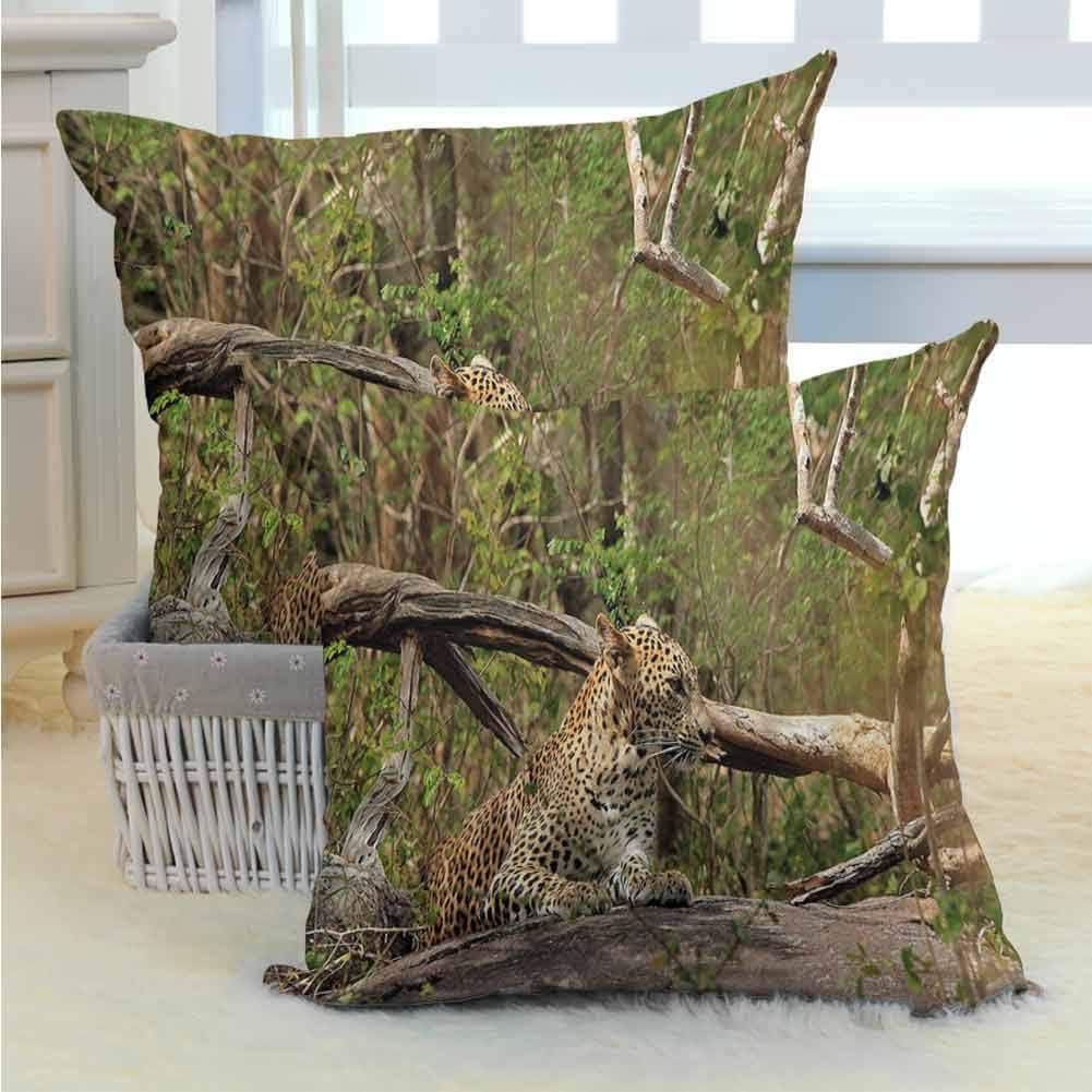 SEMZUXCVO Jungle Bedding Soft Pillowcase Hypoallergenic Pillowcase Wild Sri Lankan Jungle Leopard Panther in The Bushes Hunter Safari Picture Machine Washable W20 x L20 inch Fern Green Cocoa Brown