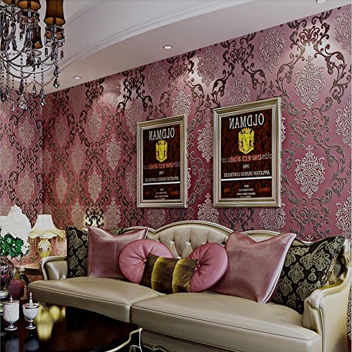 QIHANG European Style Luxury 3D Damask Pearl Powder Non-woven Wallpaper Roll Purple&Red Color 0.53m10m=5.3ãŽ¡