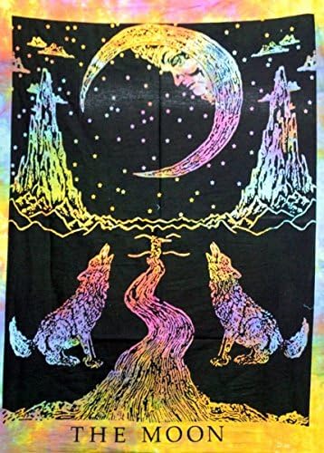 Sophia-Art Tapestry Boho Boho Psychedelic Decor Indian Handmade Hanging Indian Tapestries Dragon Hippie Yin-Yang/Moon-Wolf Wall Wall Poster (Moon-Wolf Multi)