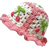 Ahouws Crochet Bucket Hat for Women Handmade Knitted Cherry Cap Elastic Cute