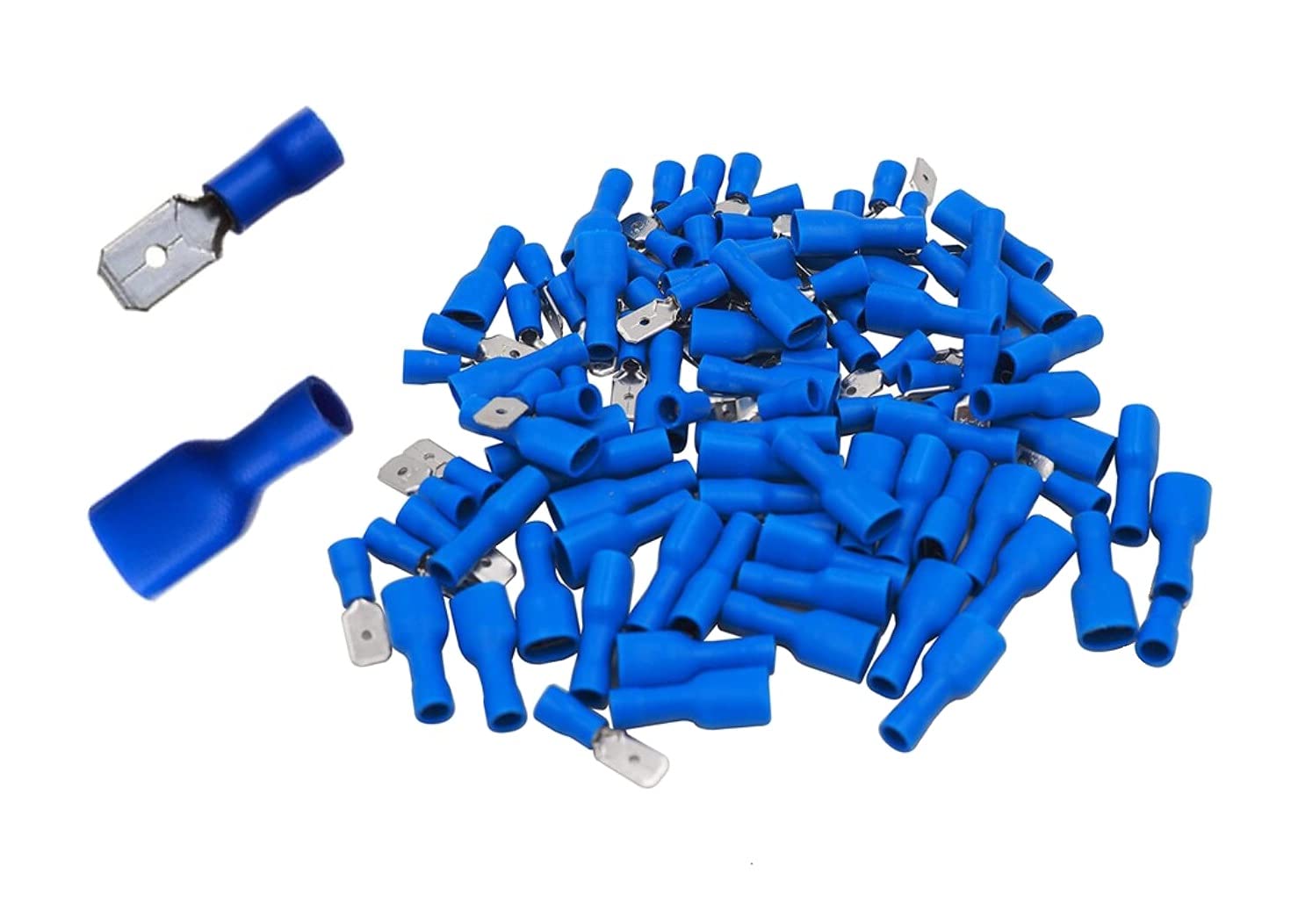 Shentian Cable Lugs x 100 – Blade Connectors, Blue x 50 / Blade Connector Sleeves, Blue x 50 – Blade Size 6.3 mm, Crimp Connector, Insulated – for Cars, Electronics and Hobby