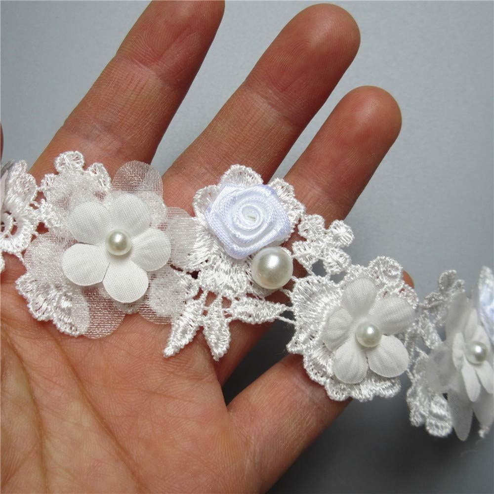 2 Yards White Rose Flower Pearl Lace Edge Trim Ribbon 1.57" Width, Vintage Style Edging Trimmings Fabric Embroidered Applique Sewing Craft Wedding Dress Embellishment DIY Cards Clothes Embroidery
