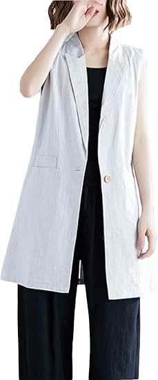Amazon Beibang バイバン ベスト レディース 綿 麻 ロング チョッキ ゆったり 前開き アウター ノースリーブ 韓国 折襟 スーツベスト 袖なし 無地 通勤 夏 ベスト 通販