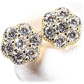Brilliant Unisex Elegant Iced Cz 14K Yellow Gold Plated Sterling Silver Round Men's Women Flower Cluster Cz Unisex Circle Stud Hip Hop Hypoallergenic Screw Back Earrings