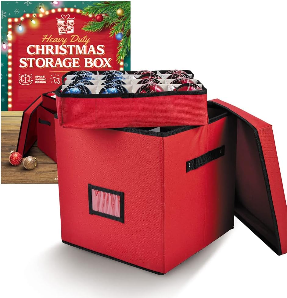 Holiday Décor Storage - Holiday Cheer Premium Christmas Ornament Storage with 4 Tray – Christmas Storage Container with Dividers Perfect for Holiday Decorations– Fits 64 Holiday Ornaments – Tear-Proof Fabric
