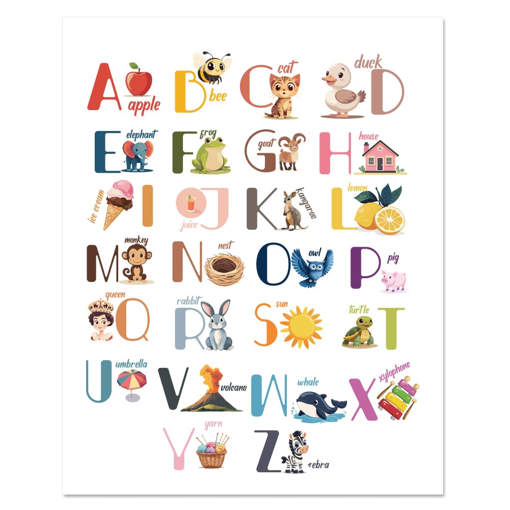 arricraft 1 Pc Illustrated Alphabet Print Poster, ABC Animal Words Print Classroom Decor Educational Study Learing Decor Poster for Kindergarten Early Years School 28x35cm/11x13.7"