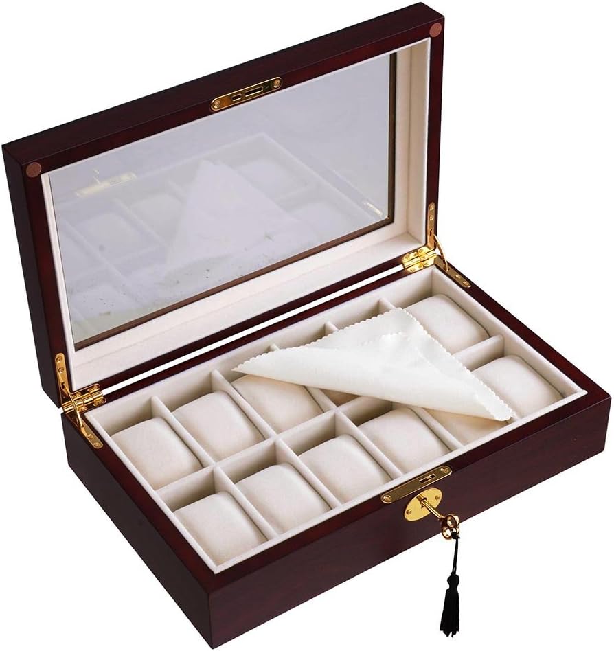 ReaseJoy 12 Slot Wood Watch Box Case with Lock & Key Glass Top Display Jewelry Collection Storage Organizer Matt