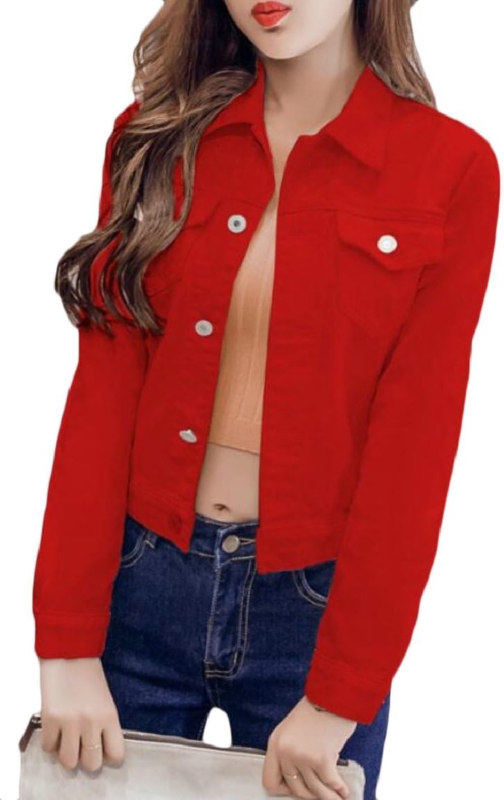 Ptyhk RG Women Loose Fit Button Down Solid-Colored Jean Jacket Coat