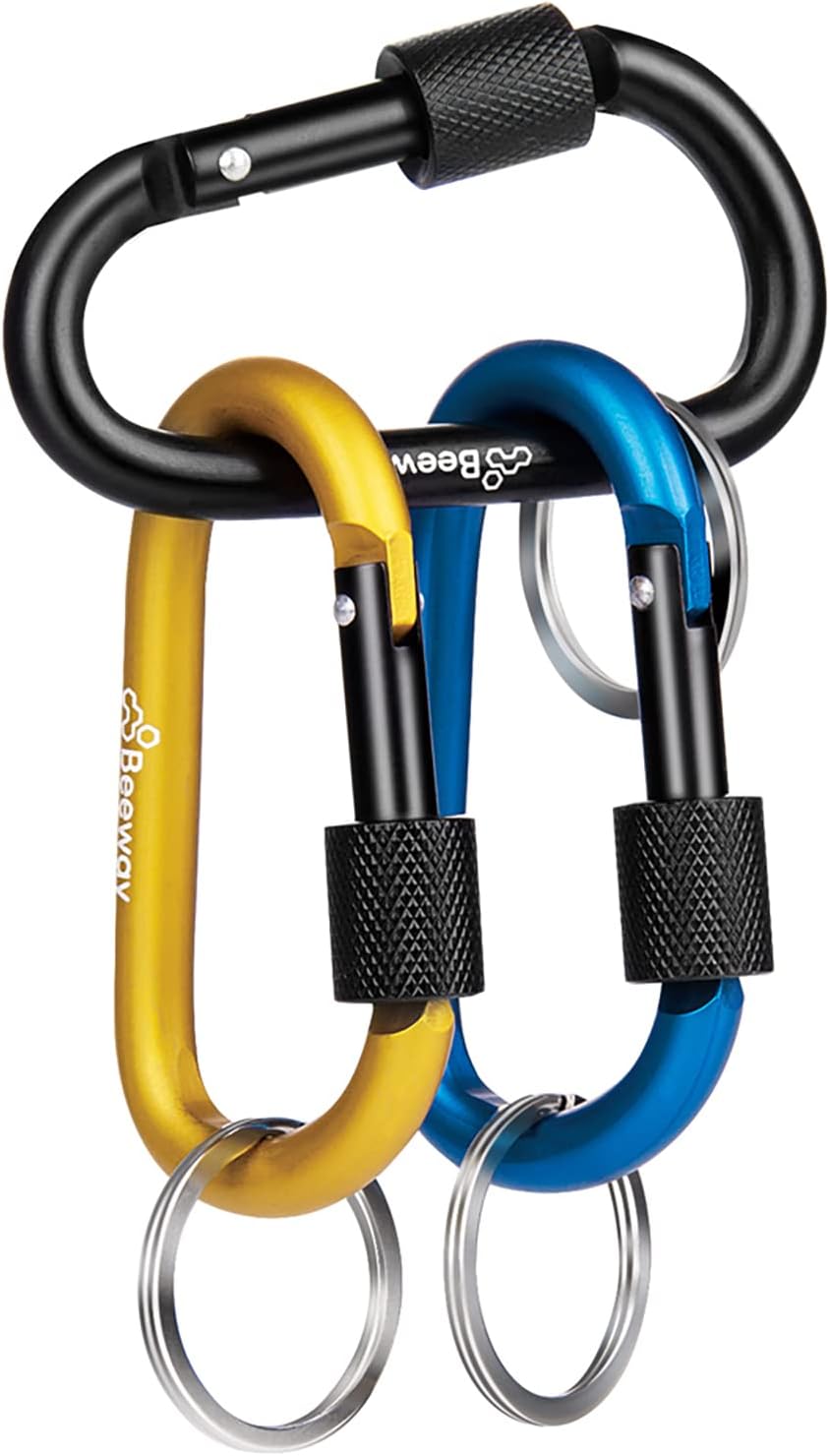 BEEWAY Locking Carabiner 3 Pack Aluminum D Ring Keychain Clip Black Blue Gold