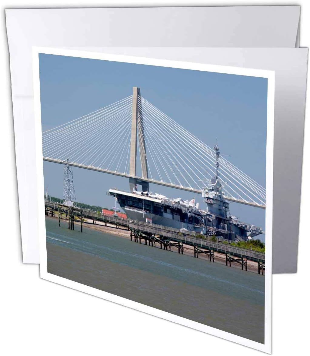 3dRose gc_94258_5 6 x 6-Inch "Sc Ravenel Bridge Yorktown Aircraft Carrier - Us41 Cmi0057 - Cindy Miller Hopkins" - Greeting Card