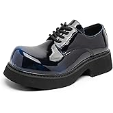 Men’s Gradient Patent Leather Chunky Platform Oxfords Big Round Toed Chunky Heel Non Slip Derby Shoes Fashion Casual Lace Up Dress Shoes for Business Formal Office