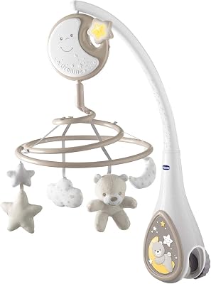 Chicco next2dreams carousel baby mobile - 3 em 1 compatível com berço next2me ou mini berços para dormir juntos / viagens, efeitos sonoros, projetor de luz noturna e música clássica, 0m +, cinza