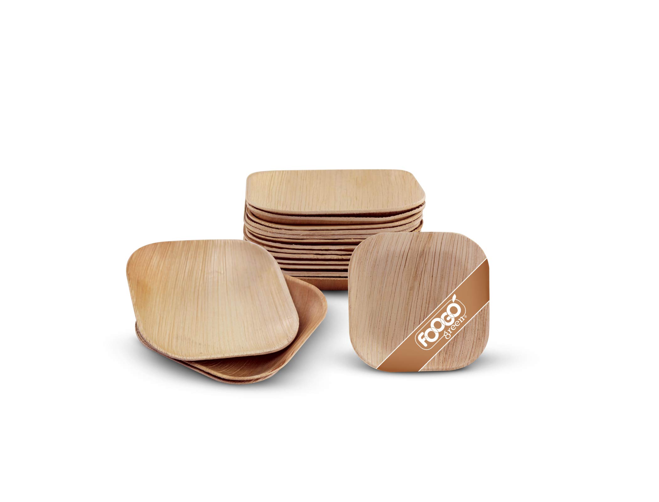 FOOGO Green 50pcs Disposable Mini Palm Leaf Plates, XSmall 4"(10cm) Square, for Sauces and Ketchup Pots, Eco Friendly, Bio Compostable, Like Dip Bowls Wooden Plates, Party Wedding
